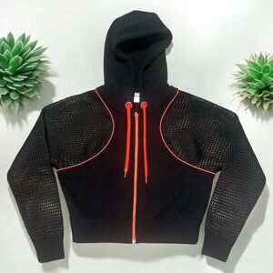 Good American Mesh Cropped Hoodie Size 0 Black Red Trim Full Zip Athleisure